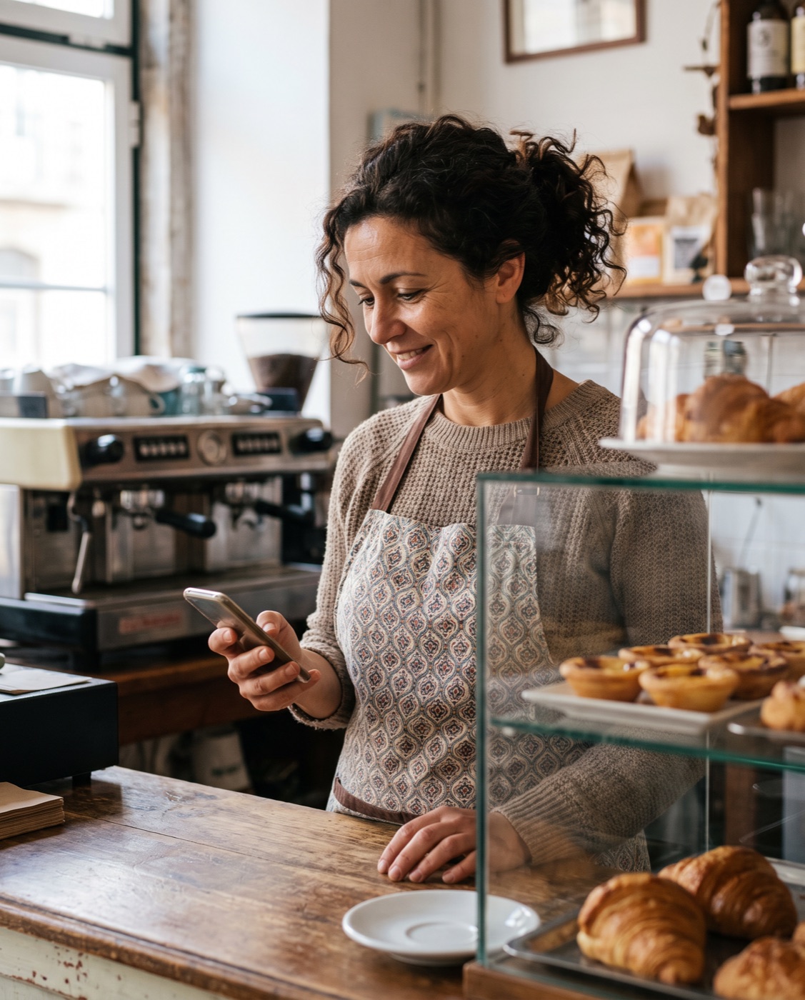Dona de um café ao balcão, a ver o telemóvel